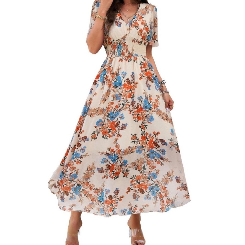 Galocmo Floral Dress Women Large Apricot New V-Neck Empire Waist Summer Maxi